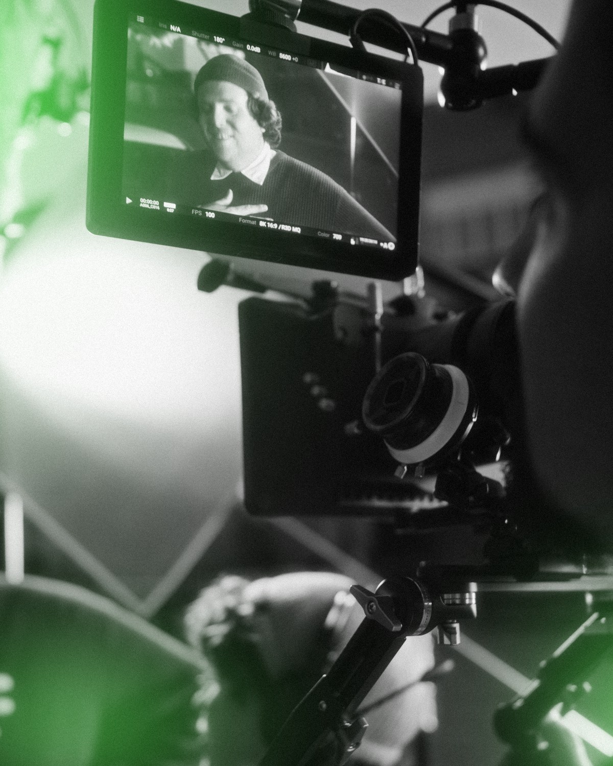 On set: a camera operator's monitor and rig